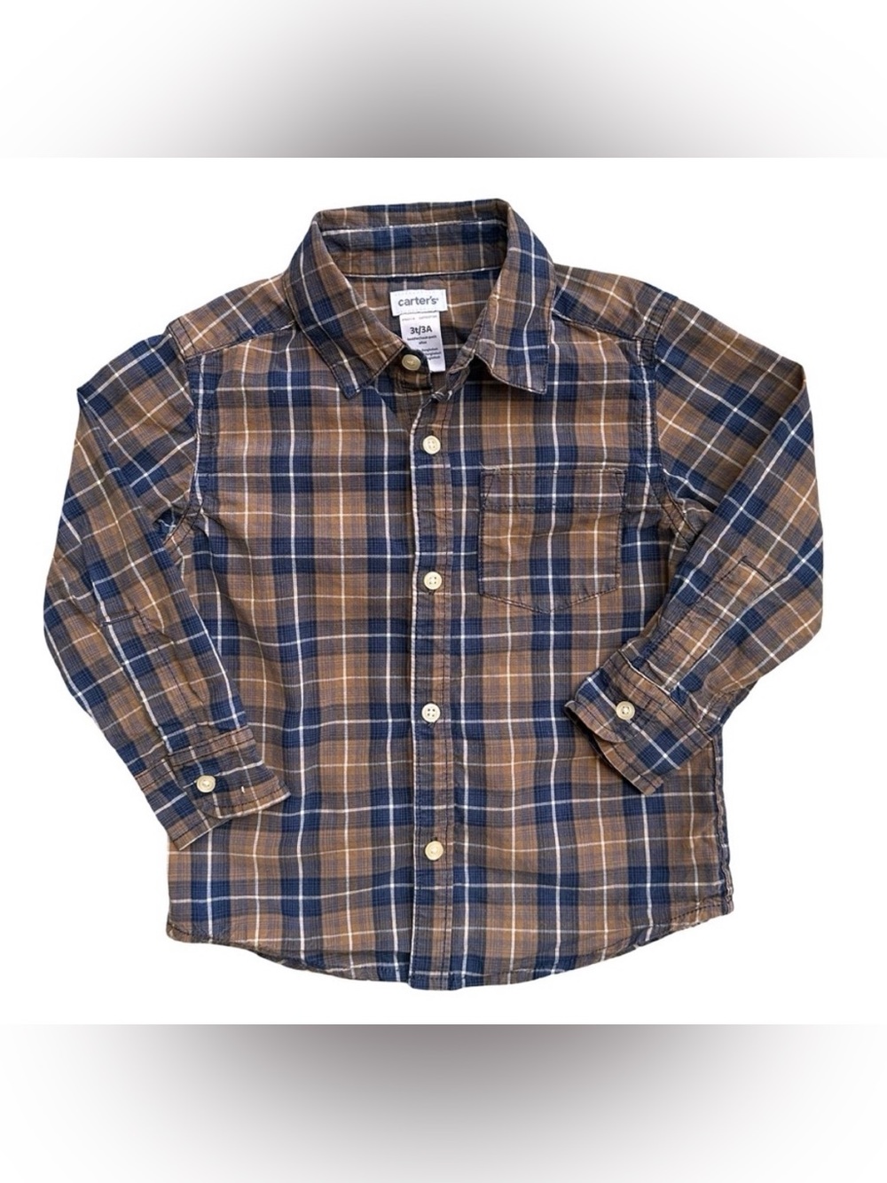 Carter's 3T Boys brown blue plaid cotton long sleeve button down shirt